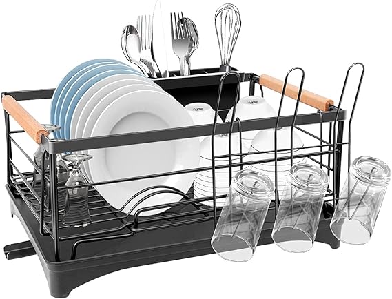 G-TING Dish Drying Rack, Dish Rack for Kitchen Counter, Rust-Proof Dish Drainer with Drying Board and Utensil Holder for Kitchen Counter Cabinet, 16.6 L 12.6W 7.8H, Black